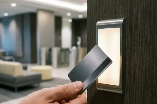 RFID-pas tussen twee vingers gehouden bij een elektronische deurlezer in een moderne kantoorlobby.