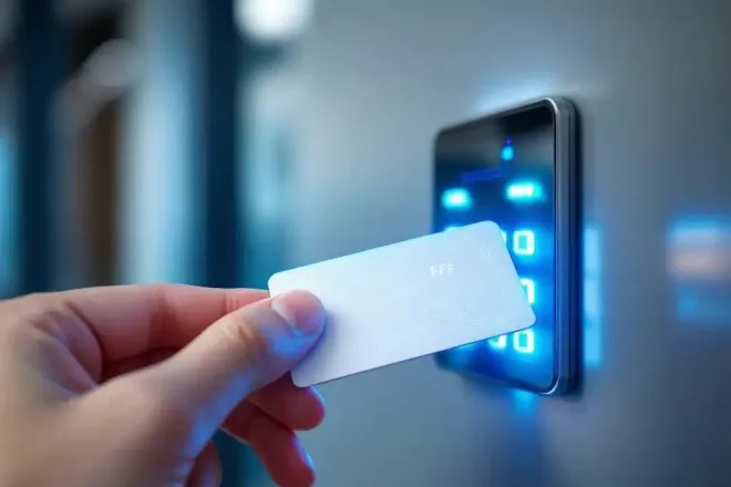 Hand met witte RFID-toegangspas bij moderne kaartlezer met blauwe LED-verlichting in kantooromgeving