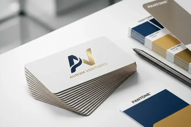 Waaier van premium RFID-kaarten met aangepast merklogo, Pantone kleurenwaaier en stylus op wit oppervlak.