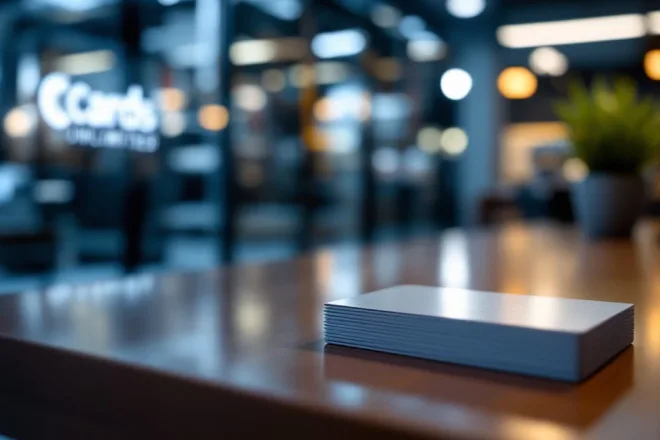 Stapel RFID-kaarten op houten bureau met Cards Unlimited-logo; moderne kantooromgeving met subtiele machinerie op achtergrond.