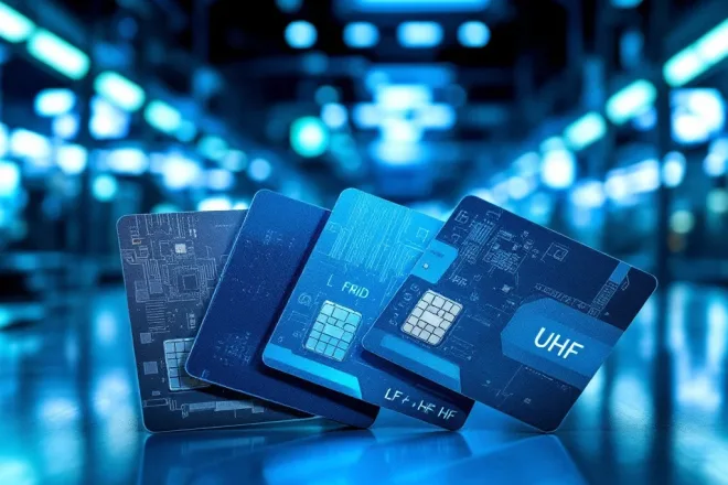 Close-up van RFID-kaarten (LF, HF, UHF) tegen een moderne achtergrond, benadrukt technologie en betrouwbaarheid.