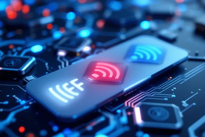 RFID-kaarten in waaierpatroon met zichtbare circuits en gekleurde radiogolven die verschillende frequenties tonen op een moderne, technologische achtergrond.