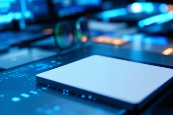 Professioneel RFID-kaartprogrammeerworkstation met zwevende witte kaart boven blauw oplichtende lezer, onscherpe laptop en ongeprogrammeerde kaarten op een lichtgrijs bureau.