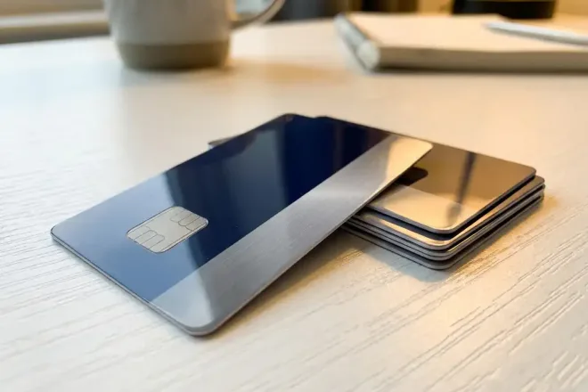RFID-ledenpas met ingebed chip op wit bureau, naast stapel identieke kaarten in zilver en marineblauw tinten.