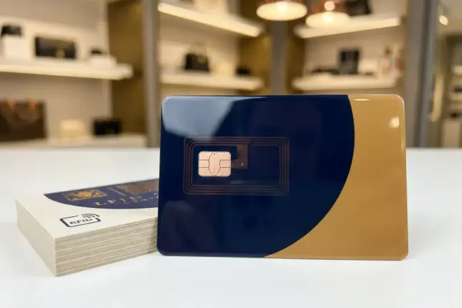 Glanzende RFID-loyaliteitskaart met zichtbare chip op wit bureau, omringd door premium kaarten in marineblauw en goud.