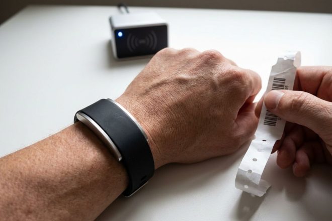 Persoon draagt moderne RFID-polsband naast traditionele barcode-polsband bij scanner op witte ondergrond