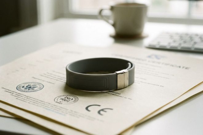 Moderne RFID polsband op certificeringsdocumenten met kwaliteitszegels op professioneel bureau