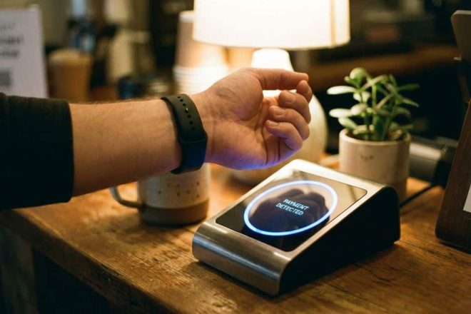 Persoon gebruikt zwarte RFID-polsband voor contactloze betaling bij terminal met blauwe LED in coffeeshop