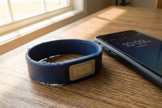 Versleten RFID-polsband van silicone op houten oppervlak naast smartphone, met natuurlijk licht en focus op chip-gebied