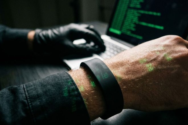Persoon draagt zwarte RFID-polsband terwijl hacker op laptop typt met groene code op scherm op de achtergrond