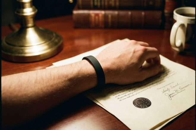 Professionele hand met zwarte RFID-polsband boven officieel juridisch document op mahonie bureau