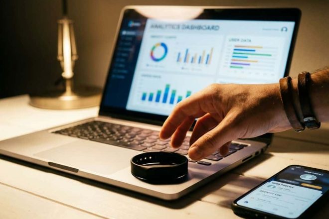 Zwarte RFID-polsband op laptop toetsenbord met analytics dashboard op scherm en smartphone met gebruikersdata