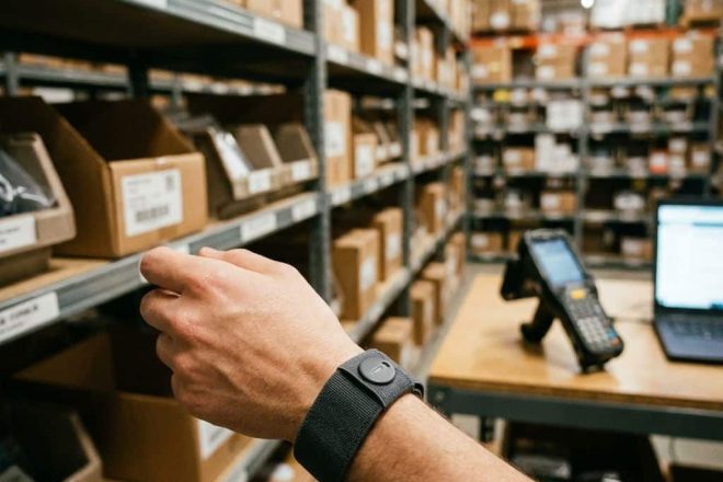 Persoon draagt RFID-polsband en reikt naar magazijnplank met producten, scanner op tafel op achtergrond