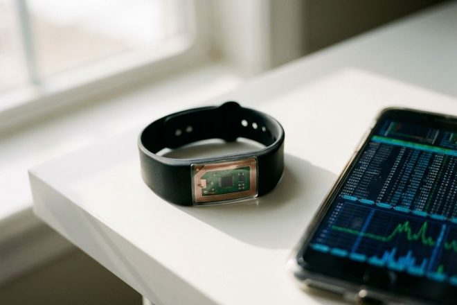 Zwarte RFID polsband met zichtbare microchip op wit bureau naast smartphone met digitale data