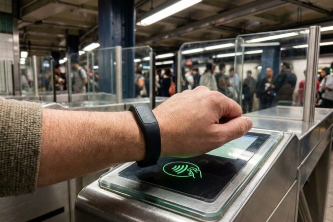 Persoon tikt zwarte RFID-polsband tegen contactloze kaartlezer bij metrotoegangspoort in stedelijk station