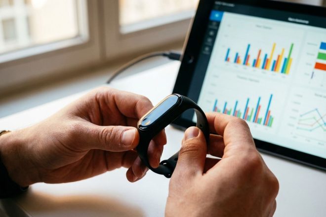 Zwarte RFID-polsband in handen met tablet met prestatiegrafieken op wit bureau bij natuurlijk licht
