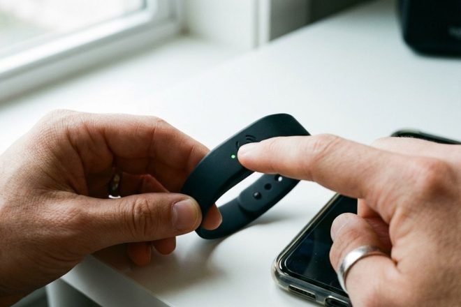 Persoon drukt resetknop op zwarte RFID-polsband met LED-indicator op wit bureau naast smartphone