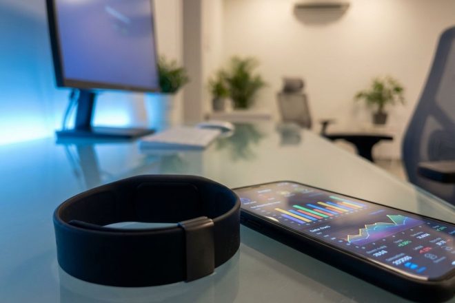 Zwarte RFID-polsband op glazen bureau naast smartphone met analytics grafieken in modern kantoor