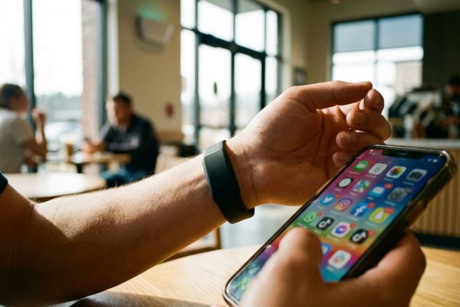 Persoon draagt zwarte RFID-polsband terwijl smartphone met sociale media-meldingen draadloze connectiviteit toont