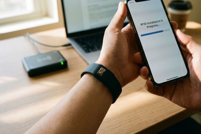 Hand met zwarte RFID-polsband houdt smartphone vast met installatie-interface, RFID-lezer op bureau zichtbaar