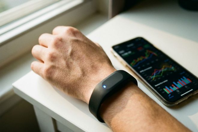 RFID-polsband met LED-indicator op pols naast smartphone met marketinganalytics op witte conferentietafel