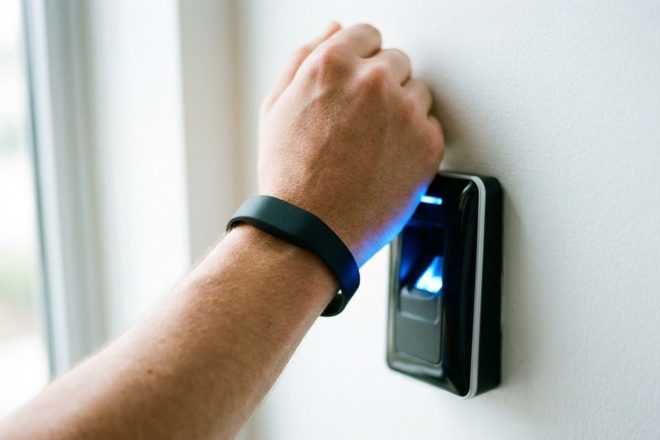 Persoon gebruikt zwarte RFID-polsband bij moderne tijdklokscanner met blauwe LED-verlichting op kantoorwand