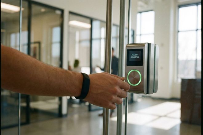 Persoon met zwarte RFID-polsband nadert moderne deurlezer met groen LED-licht in kantooromgeving