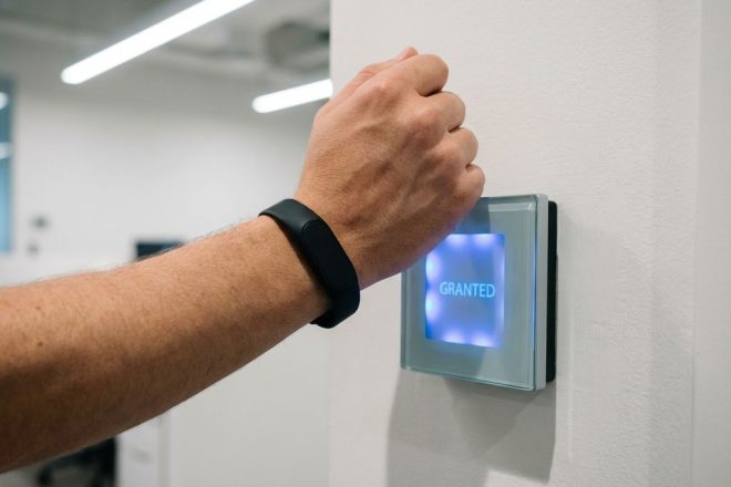 Persoon draagt zwarte RFID-polsband boven blauwe toegangsscanner op witte muur in modern kantoor