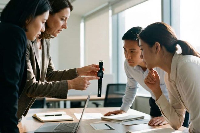 Professionele trainer toont zwarte RFID polsband aan werknemers rond conferentietafel in modern kantoor