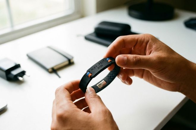Zwarte RFID polsband met aangepaste gravures wordt vastgehouden, siliconen materiaal met zichtbare metalen chip
