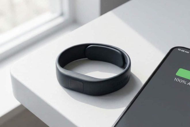 Zwarte RFID polsband op wit oppervlak naast smartphone met volle batterij, natuurlijke belichting