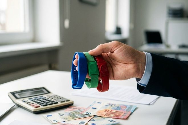 Zakenman houdt drie RFID polsbandjes vast boven bureau met rekenmachine en eurobiljetten in kantooromgeving