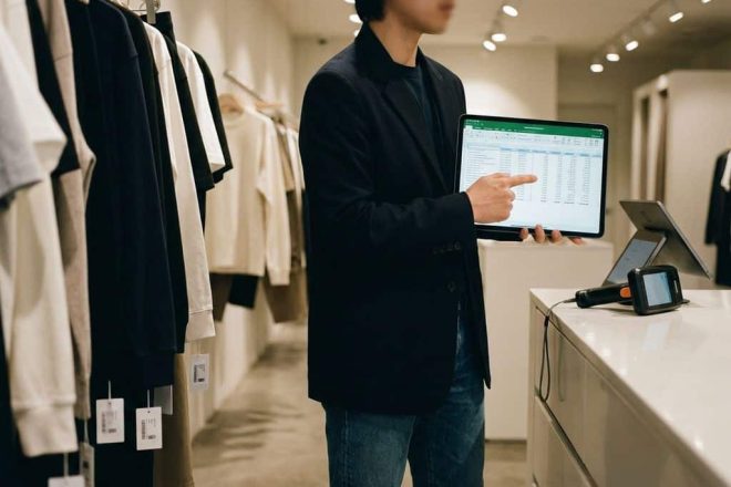 Winkelmanager met tablet toont kostenberekeningen naast kledingrekken met RFID-tags in moderne retailwinkel