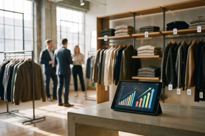 Tablet toont analytics grafieken in moderne kledingwinkel met RFID-getagde kleding en natuurlijk licht