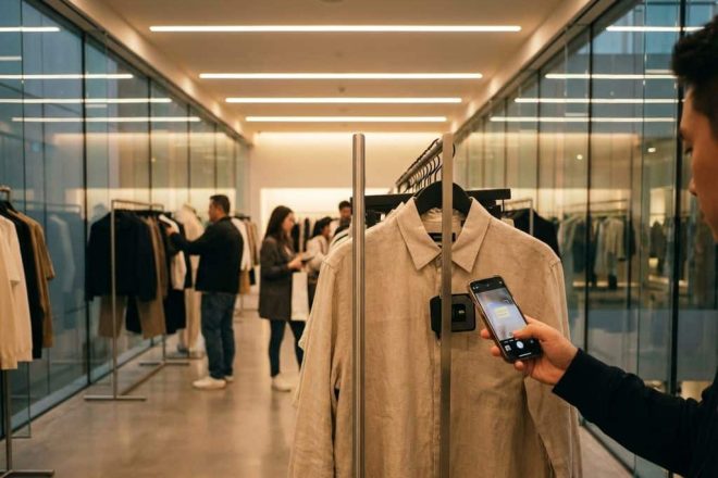Klant scant RFID-tag op kledingstuk met smartphone in moderne winkel met LED-verlichting en andere shoppers op achtergrond