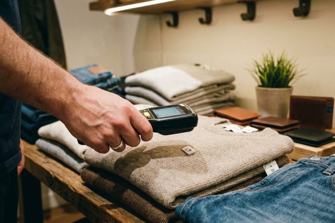 Winkeleigenaar scant kleding met RFID-scanner op houten toonbank in moderne kledingwinkel