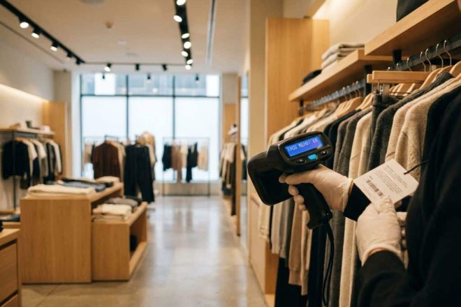 Retailmedewerker gebruikt handheld RFID-scanner om kledingartikelen te scannen in moderne winkel met georganiseerde rekken