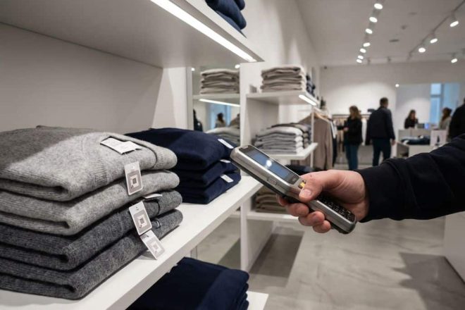 Handheld RFID-scanner scant kledingitems met RFID-chips in moderne kledingwinkel met witte planken