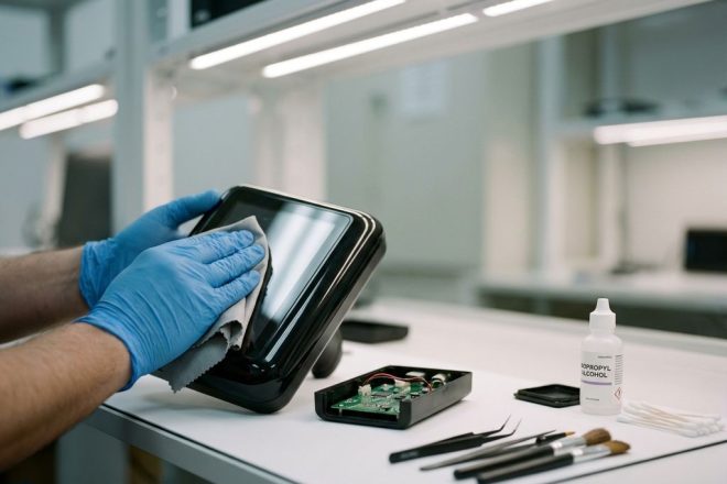 Technicus reinigt RFID-scanner met microvezeldoek op witte werkbank met precisie-gereedschap en elektronische onderdelen