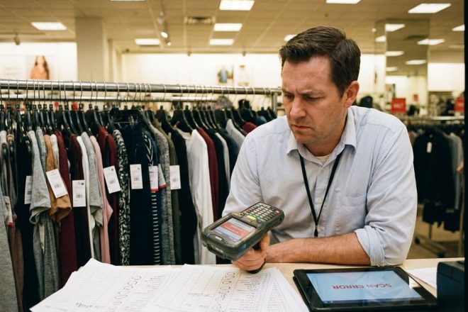 Gefrustreerde winkelmanager houdt defecte RFID-scanner vast naast kledingrek met niet-werkende tags en inventarislijsten