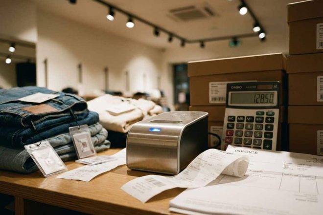 RFID-scanner op moderne winkelkassa omringd door bonnetjes, rekenmachine en kledingstukken met RFID-tags