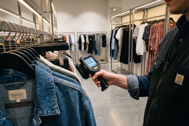Winkelmedewerker scant kleding met RFID-lezer in moderne kledingwinkel met heldere LED-verlichting