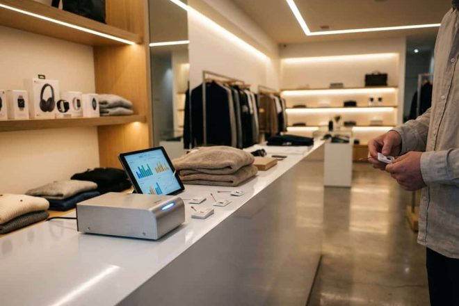 RFID-scanner op toonbank in moderne winkel met elektronische producten en analytics op tablet