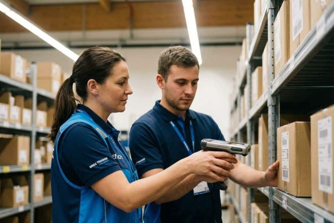 Professionele trainer toont werknemer hoe RFID-scanner te gebruiken in moderne magazijnomgeving met voorraaddozen