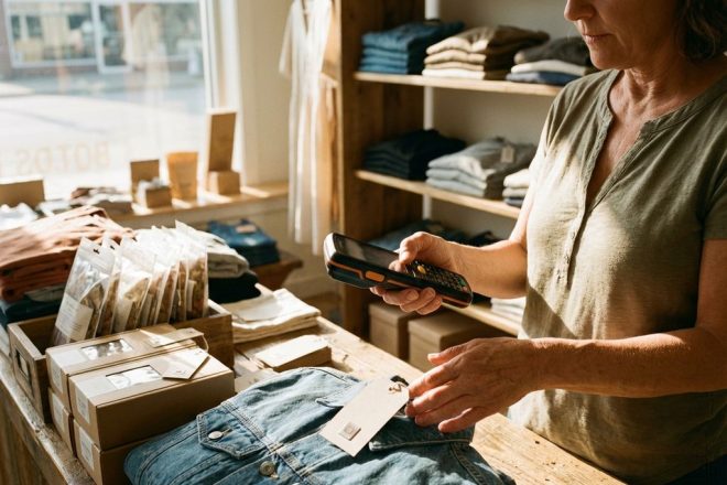 Winkeleigenaar houdt RFID-scanner vast achter toonbank met getagde producten in winkel met natuurlijk licht