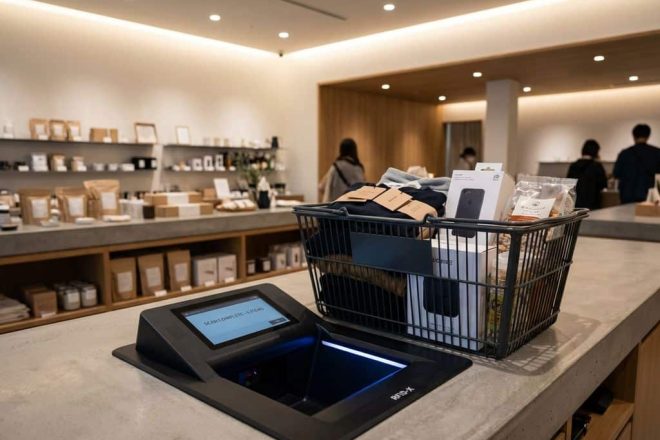 RFID-scanner leest artikelen in winkelmandje bij moderne kassa in minimalistische winkel met zachte verlichting