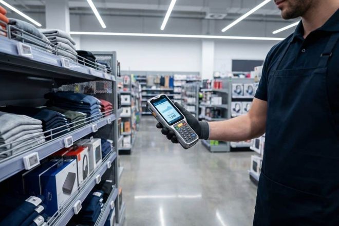 Winkelmedewerker scant producten met RFID-scanner op moderne winkelplank met digitale inventarisdata zichtbaar op scherm