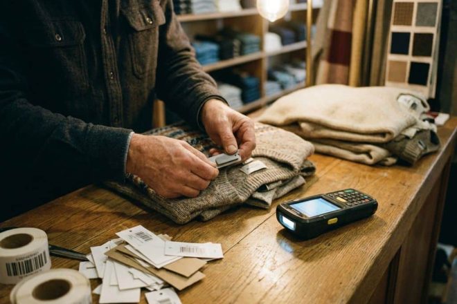 Winkeleigenaar bevestigt RFID-tag aan kledingstuk op houten toonbank met scanner en prijslabels in moderne winkel