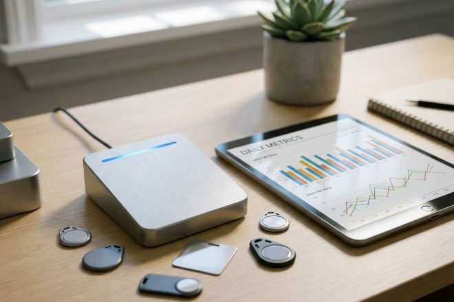 RFID-lezer op modern bureau met tablet met grafieken en verschillende RFID-tags in professionele werkruimte