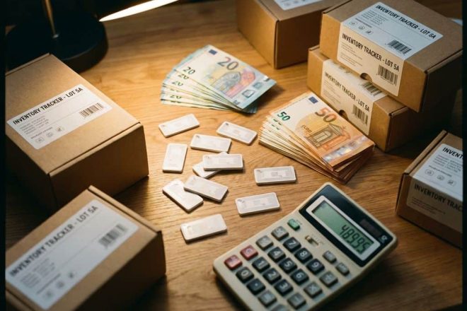 RFID-tags verspreid op houten bureau met eurobiljetten, rekenmachine en productdozen in warm kantoorlicht